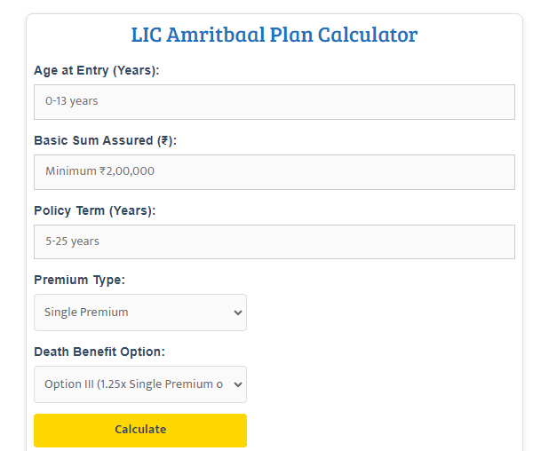 lic amritbaal plan calculator